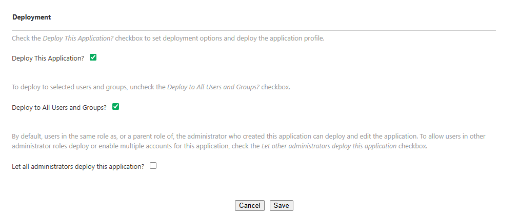Deployment page, showing options selected for deployment. Deployment page, showing options selected for deployment.