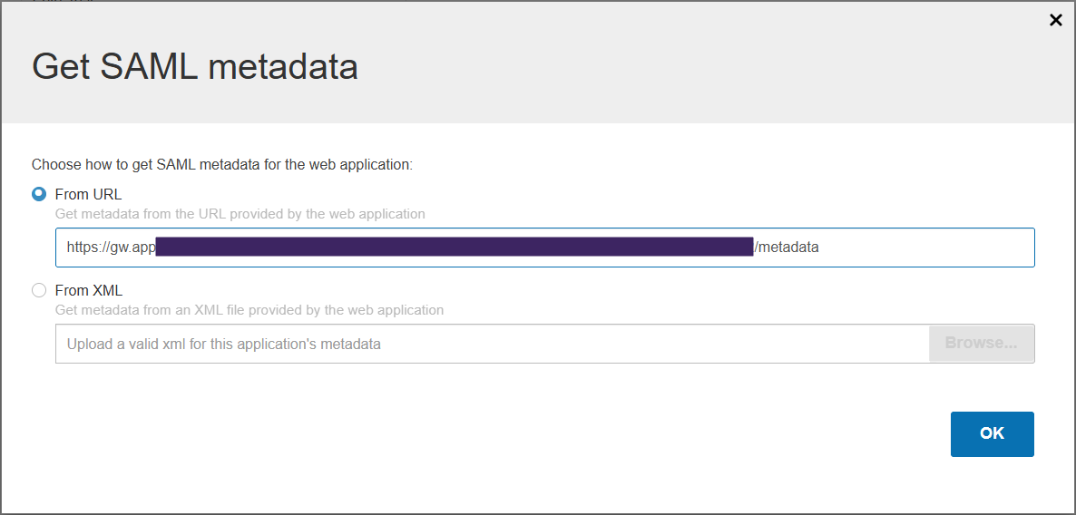 "Get SAML metadata" dialog box, showing From URL and From XML fields. "Get SAML metadata" dialog box, showing From URL and From XML fields.