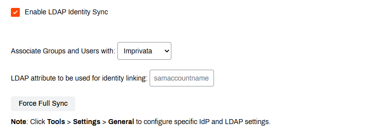 Identity Sync tab, showing Enable LDAP Identity Sync option and Imprivata configuration selected. Identity Sync tab, showing Enable LDAP Identity Sync option and Imprivata configuration selected.