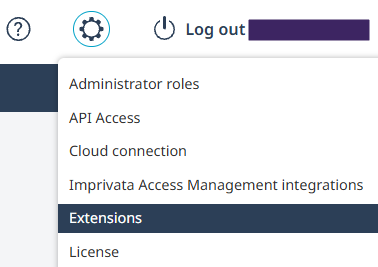 Imprivata portal, showing Extensions option selected on expanded Settings menu. Imprivata portal, showing Extensions option selected on expanded Settings menu.
