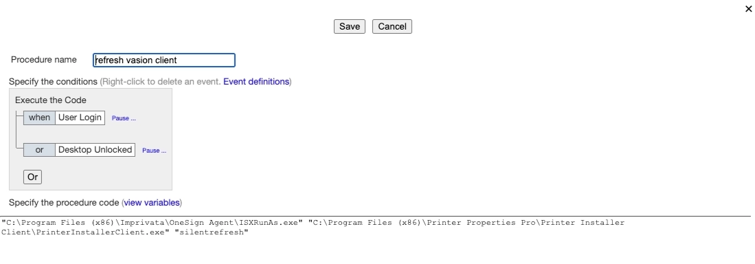 Imprivata UI, showing expanded procedure code with User Login and Desktop Unlocked logic. Imprivata UI, showing expanded procedure code with User Login and Desktop Unlocked logic.
