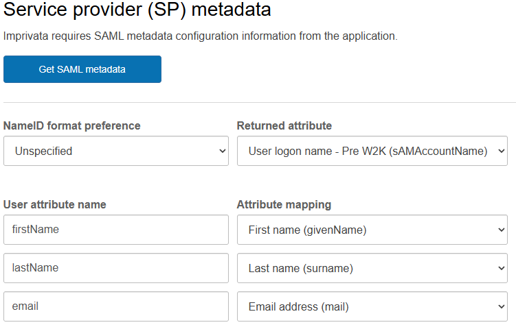 "Service provider metadata" section, showing user mapping fields and Get SAML Metadata button. "Service provider metadata" section, showing user mapping fields and Get SAML Metadata button.