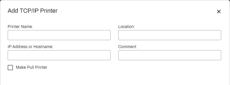 Admin Console showing Add TCP/IP Printer modal. Admin Console showing Add TCP/IP Printer modal.