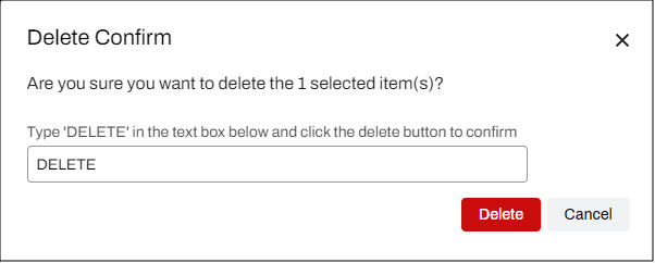 Delete Confirm modal showing "DELETE" in text field and Delete button. Delete Confirm modal showing "DELETE" in text field and Delete button.