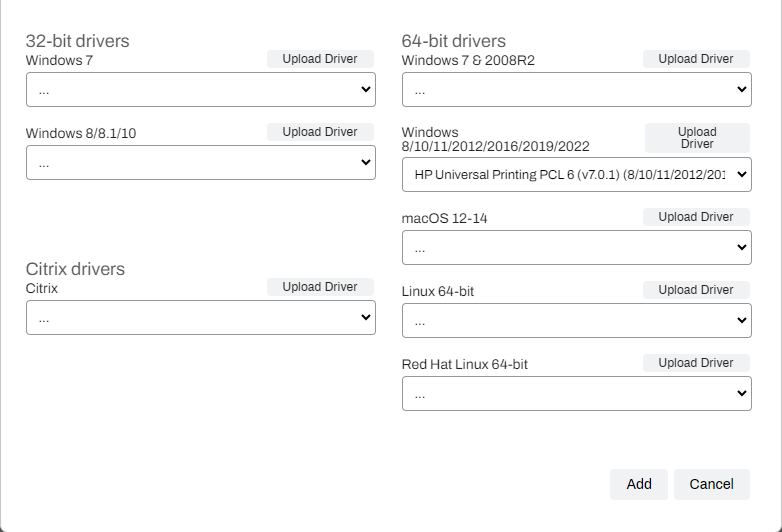 Admin Console showing Add TCP/IP Printer modal and printer driver selected. Admin Console showing Add TCP/IP Printer modal and printer driver selected.