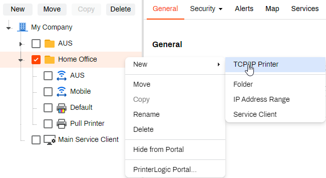 Admin Console showing context menu with New and TCP/IP Printer options. Admin Console showing context menu with New and TCP/IP Printer options.