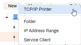 Admin Console showing New button above tree structure and TCP/IP Printer option. Admin Console showing New button above tree structure and TCP/IP Printer option.