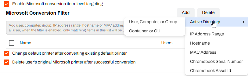 Admin Console showing Client Settings, Microsoft Printer Conversions section, and Microsoft Conversion Filter.
