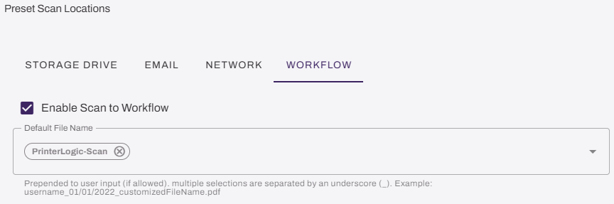Preset Scan Locations section, showing Enable Scan to Workflow option enabled and default file name. Preset Scan Locations section, showing Enable Scan to Workflow option enabled and default file name.