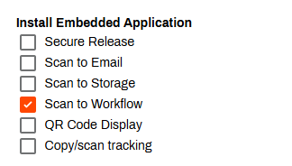 Apps tab, Install Embedded Application section, showing list of applications. Apps tab, Install Embedded Application section, showing list of applications.
