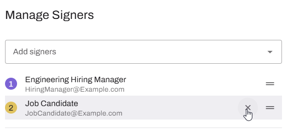 Sign showing Manage Signers modal and X button for signer. Sign showing Manage Signers modal and X button for signer.