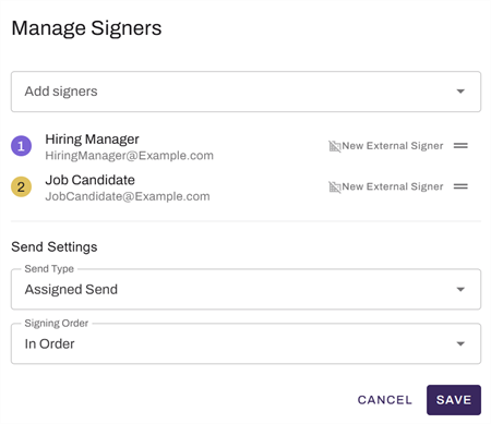 Sign document builder showing Manage Signers modal. Sign document builder showing Manage Signers modal.