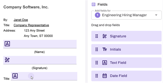 Sign document builder showing Fields section and fields on document. Sign document builder showing Fields section and fields on document.