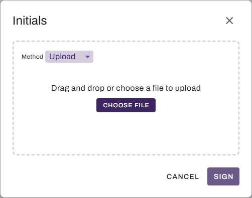 Initials modal showing Upload tab. Initials modal showing Upload tab.