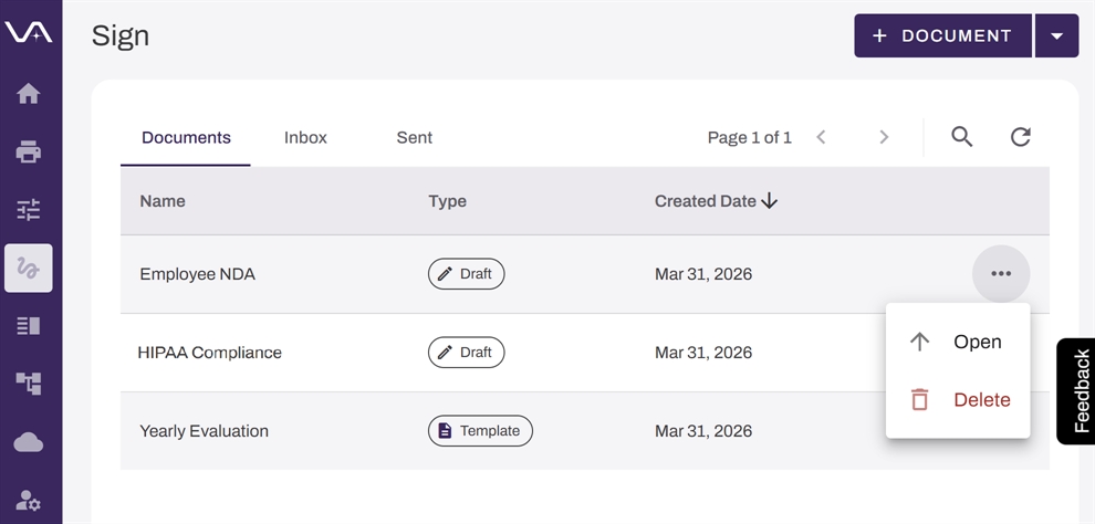 Sign page showing Documents tab, draft document, and expanded More menu. Sign page showing Documents tab, draft document, and expanded More menu.