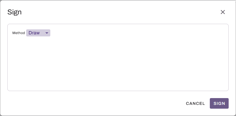 Sign modal showing Draw tab. Sign modal showing Draw tab.