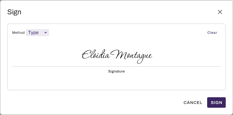 Sign modal showing Type tab with Clear button. Sign modal showing Type tab with Clear button.
