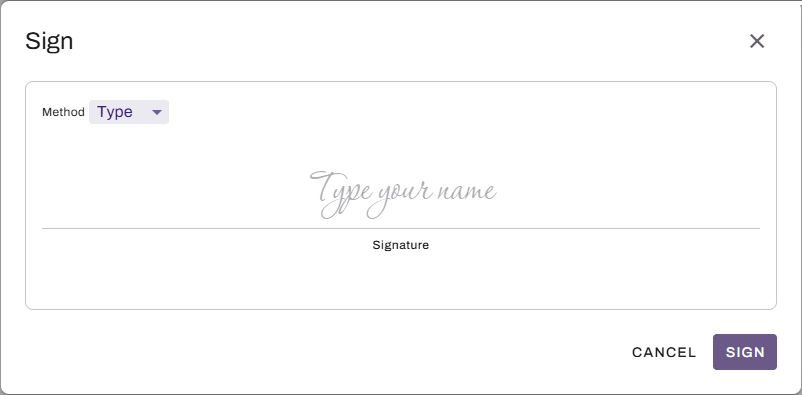 Sign modal showing Type tab. Sign modal showing Type tab.