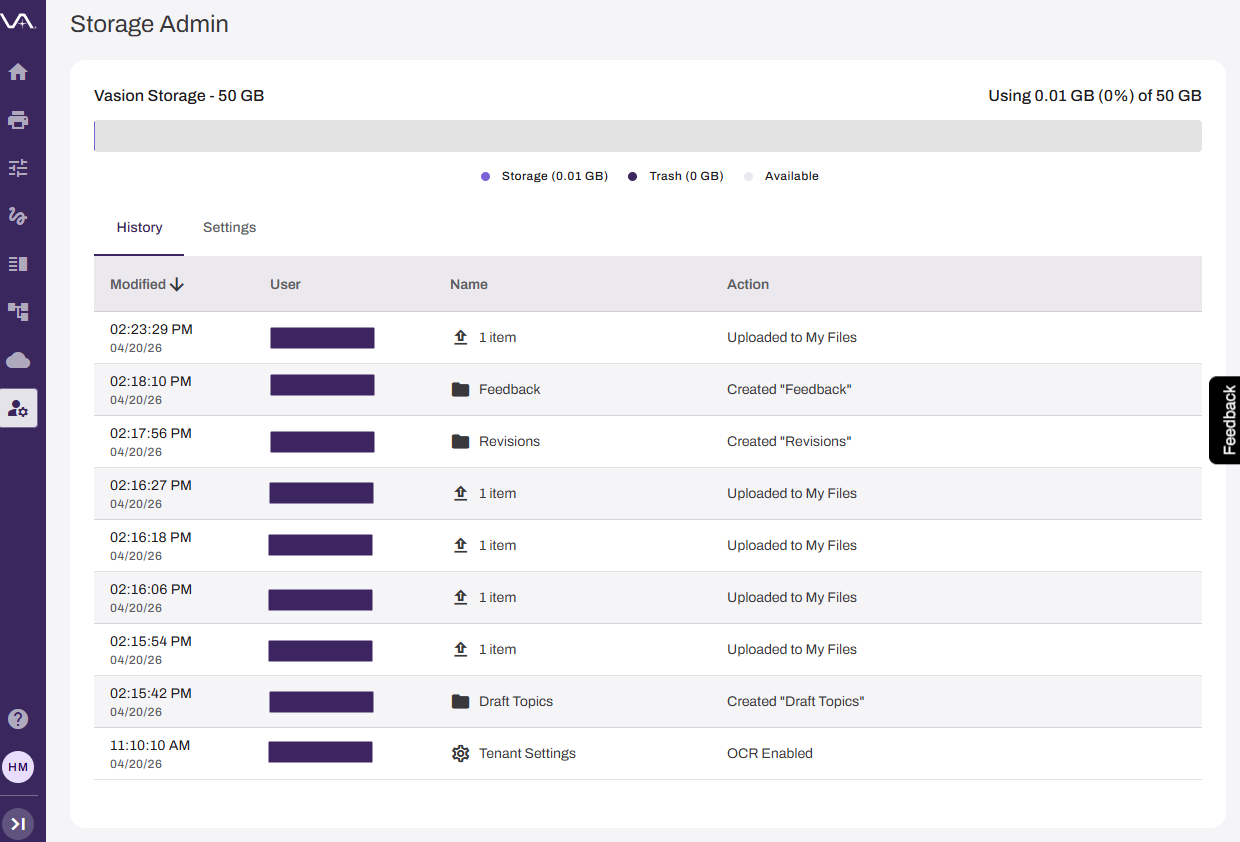 Vasion Automate showing Storage Admin page. Vasion Automate showing Storage Admin page.