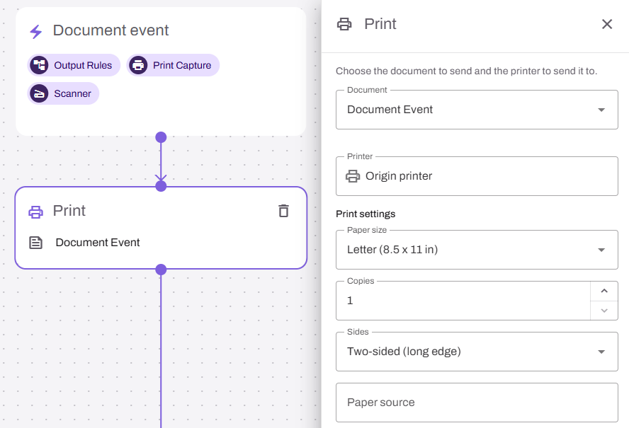Print step showing the configurable fields and options. Print step showing the configurable fields and options.