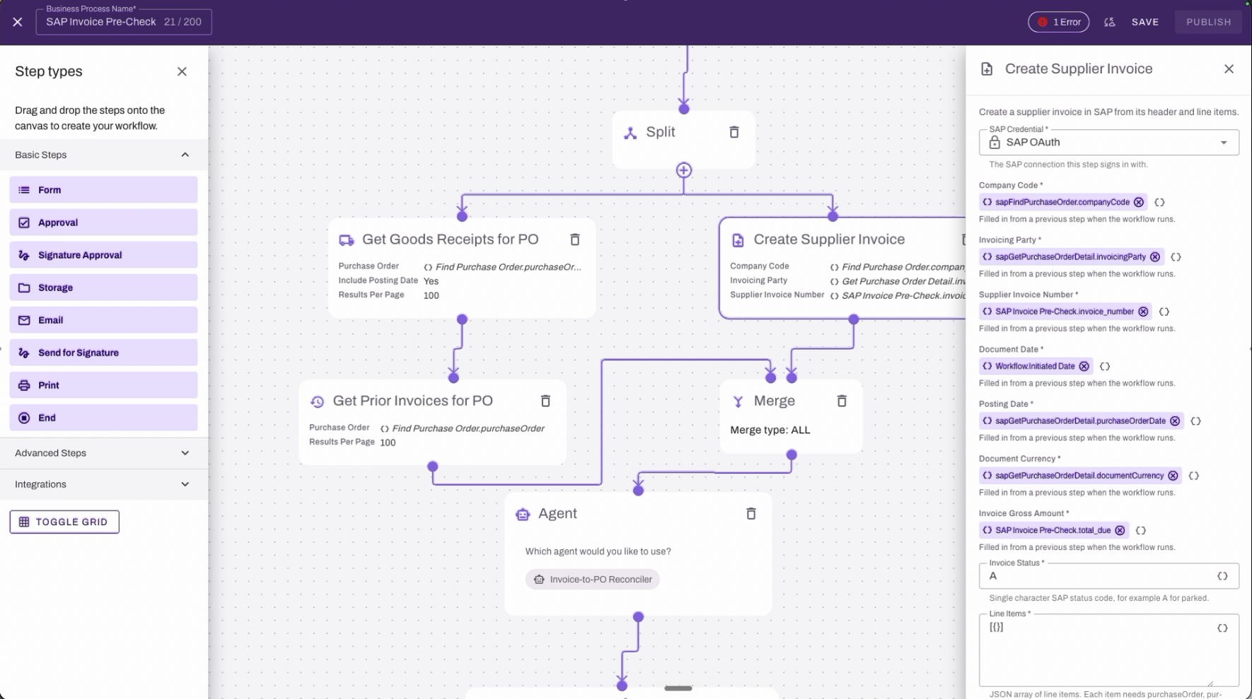 Workflow designer showing an SAP step setting panel. Workflow designer showing an SAP step setting panel.