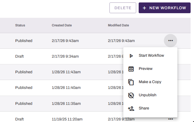 Vasion Automate showing "Workflow: Business Process" page and expanded "More" menu next to workflow. Vasion Automate showing "Workflow: Business Process" page and expanded "More" menu next to workflow.