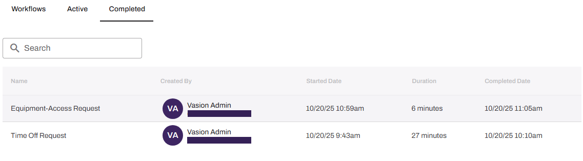 Vasion Automate showing "Completed" tab. Vasion Automate showing "Completed" tab.