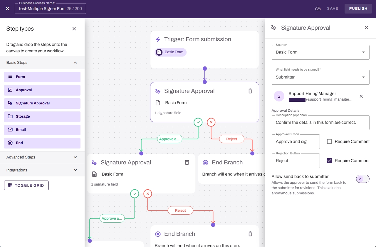 Workflow builder showing Signature Approval Step on canvas. Workflow builder showing Signature Approval Step on canvas.