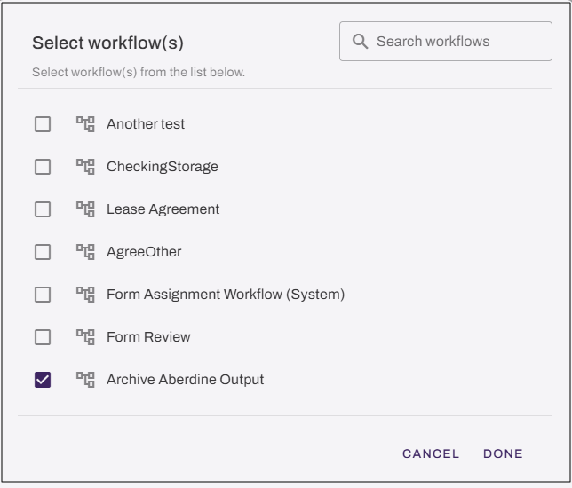 Select workflow dialog box, showing list of workflows and selected workflow. Select workflow dialog box, showing list of workflows and selected workflow.