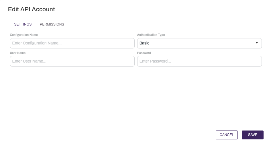 Basic API Account configuration modal.