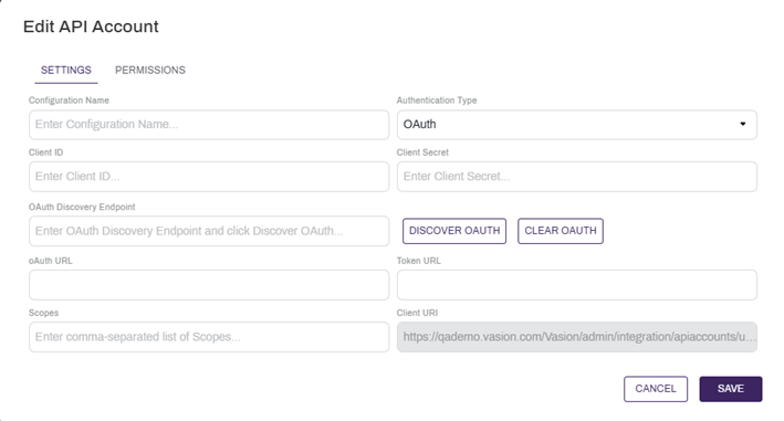 OAuth API Account configuration modal.