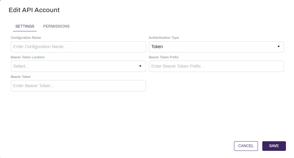 Token API Account configuration modal.