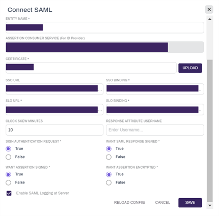 Connect SAML modal.