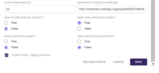 Final seven settings with sample text and required settings set on the SAML Connect modal.