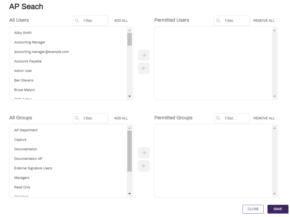 Search permissions page.