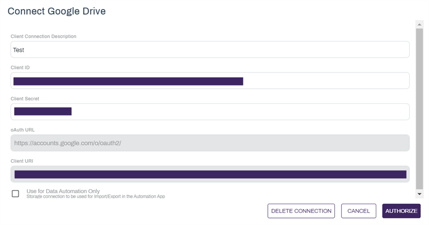Google Drive connection details modal.