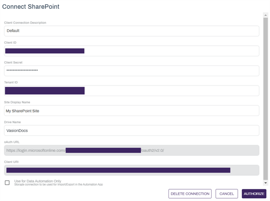 SharePoint connection details modal.