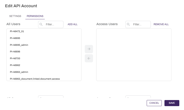API Account permissions modal.
