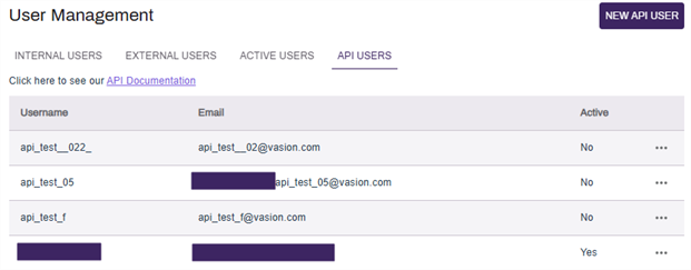 API Users tab in the User Management page.
