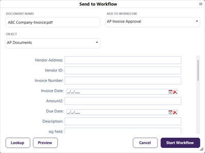 Send to Workflow field detail modal.