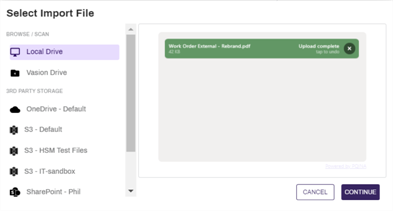 Select Import File modal with file selected.