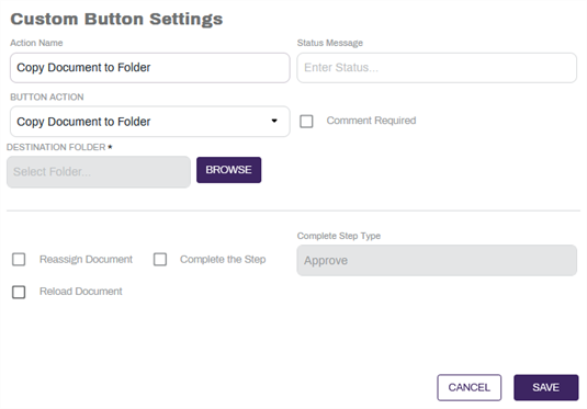 "Custom Button Settings" modal with "Copy Document to Linked Folder" action selected.