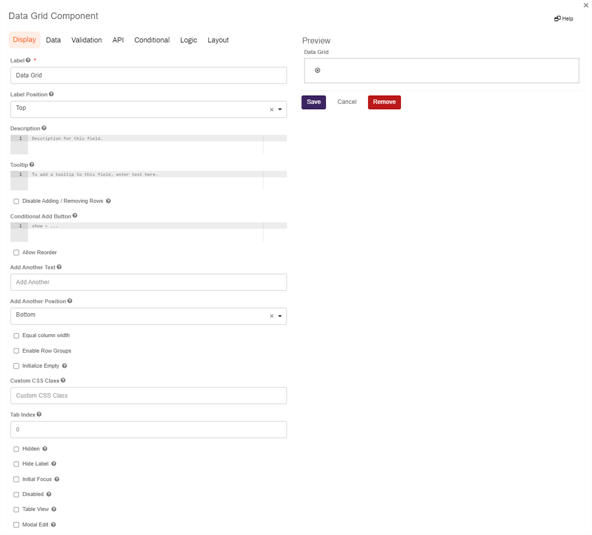 Data Grid component configuration.