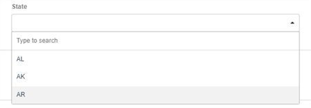 Select component configured to accept a state code.