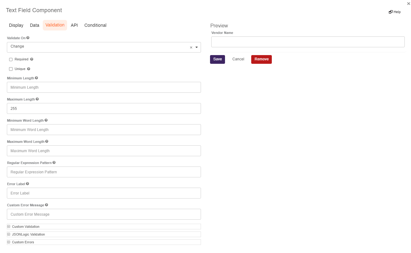 Validation field settings.