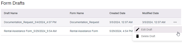Form draft action options.