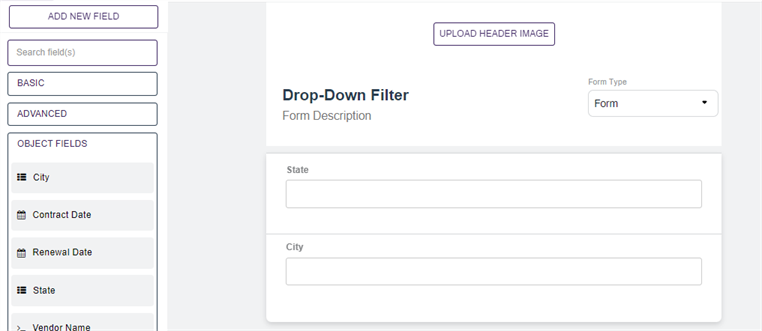 Dropdown filter configuration on a form.
