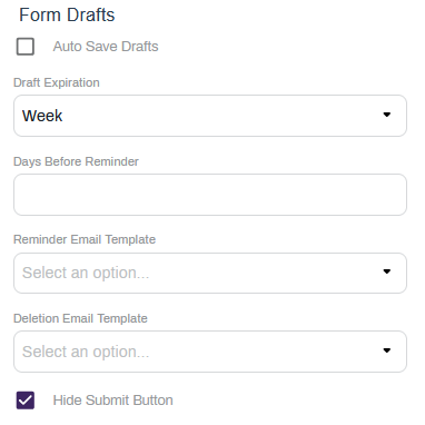 Forms Drafts section of the Form Builder Settings.
