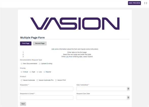 Multiple page form preview.