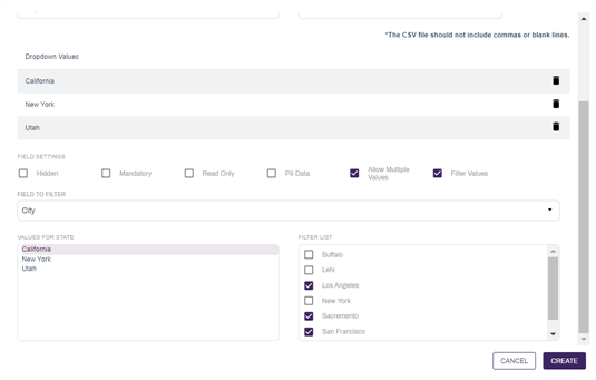 Filter Values configuration.